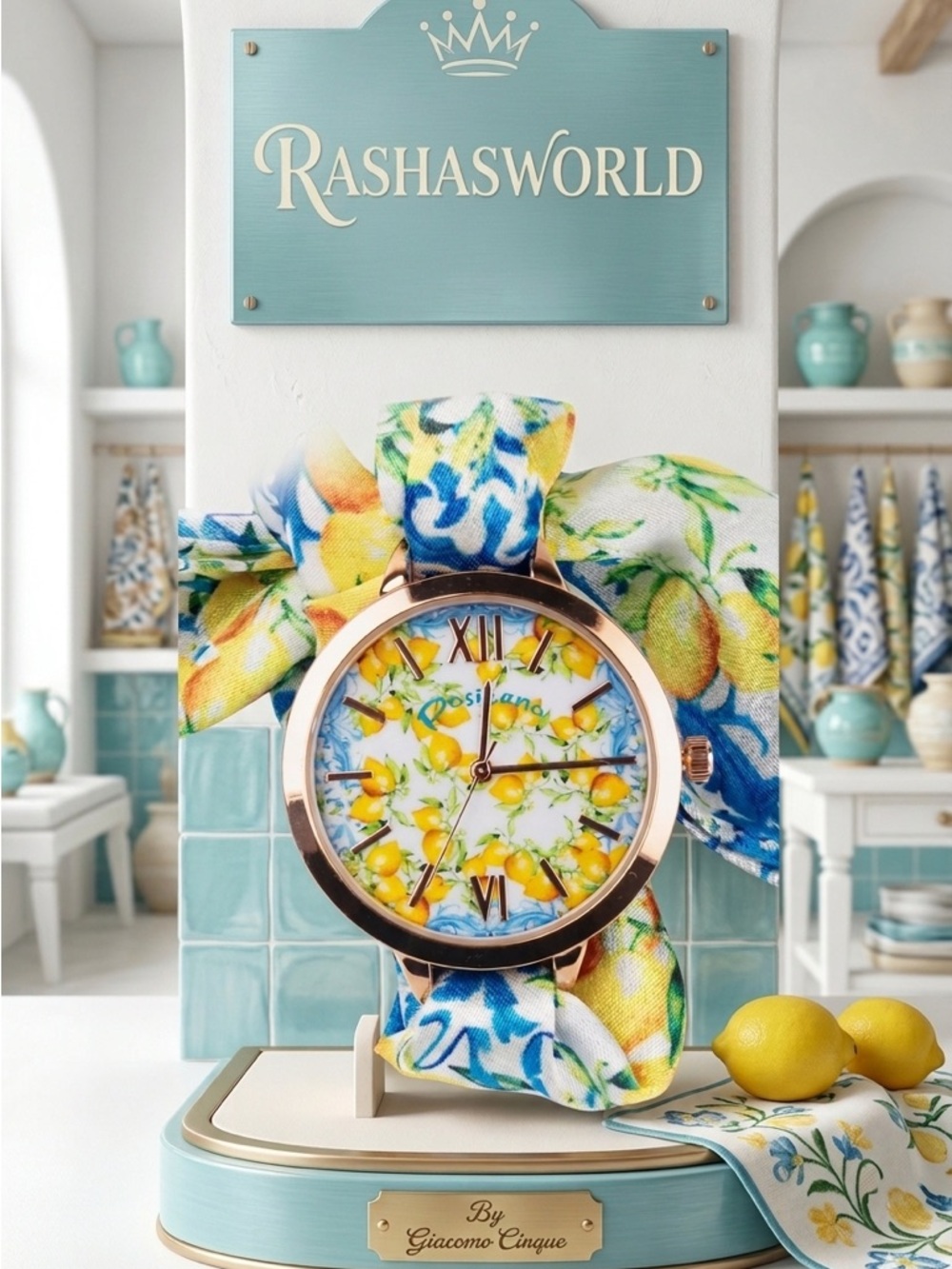 Antica Sartoria Lemon-Print Fabric Wrap Watch - Blue & Yellow NIB